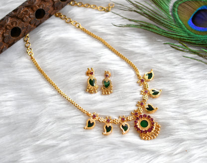 Gold tone pink-green 3 petal mango necklace set dj-34081