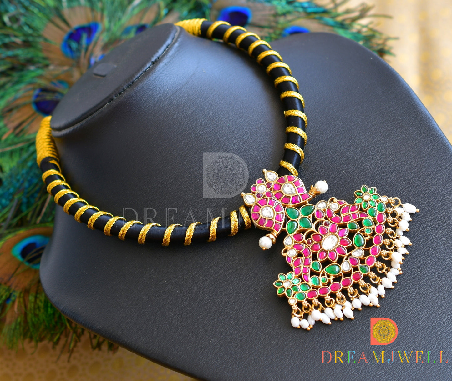 Gold tone Kundan jadau peacock-mango black silk thread necklace dj-36314