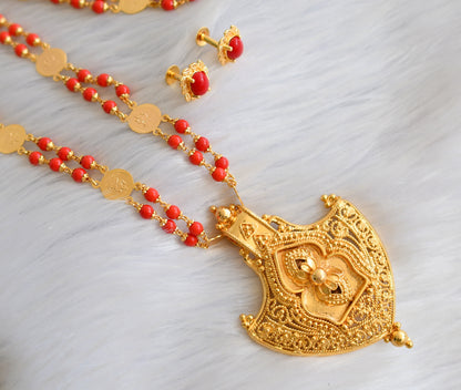 Gold tone double layer coral Lakshmi coin chain pendant set dj-40093