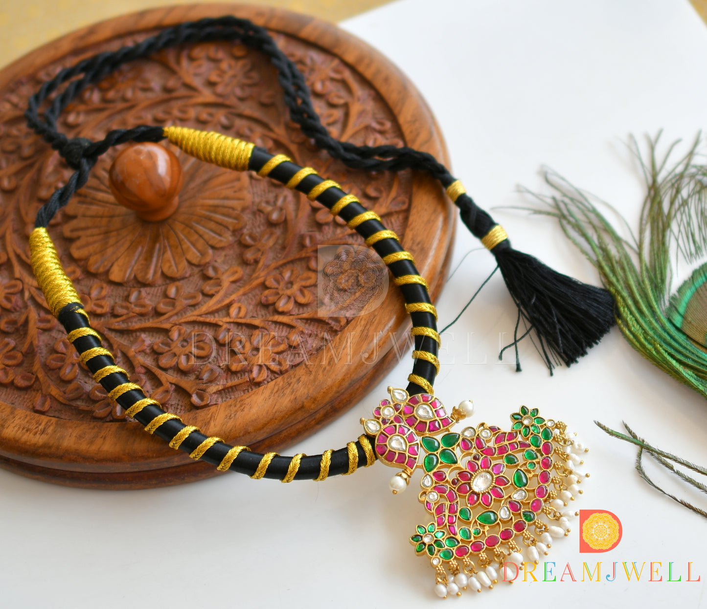 Gold tone Kundan jadau peacock-mango black silk thread necklace dj-36314