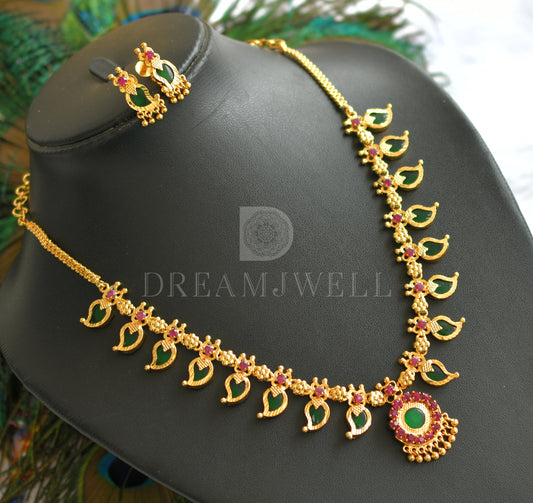 Gold tone pink-green 8 petal mango necklace set dj-34087