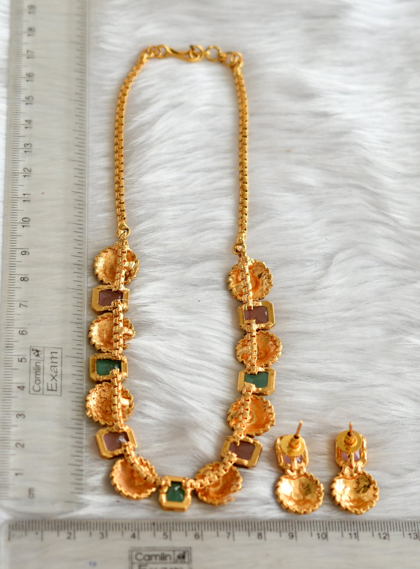 Antique gold tone flower baby pink-sea green block stone necklace set dj-38664