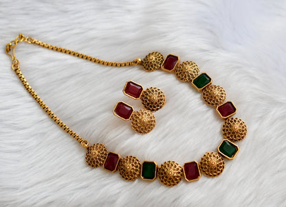 Antique gold tone flower ruby-green block stone necklace set dj-38665