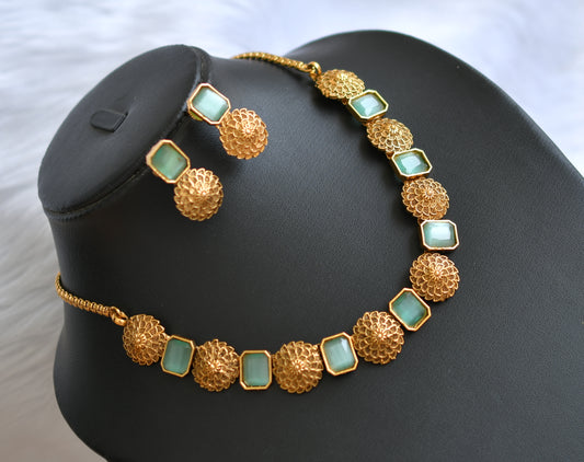 Antique gold tone flower sea green block stone necklace set dj-38666