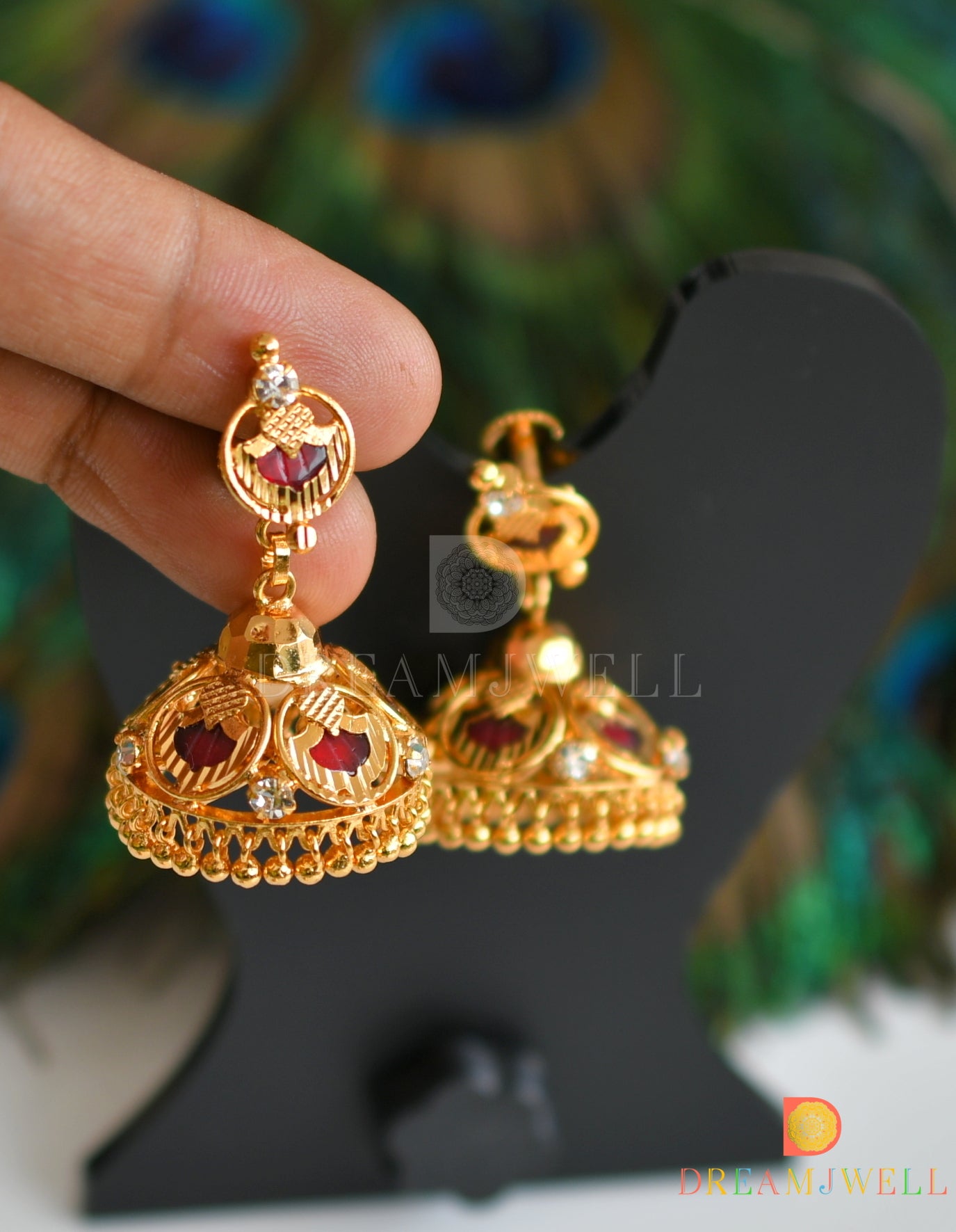 Gold tone red palakka Kerala style 5 petals screw back jhumkka dj-37018