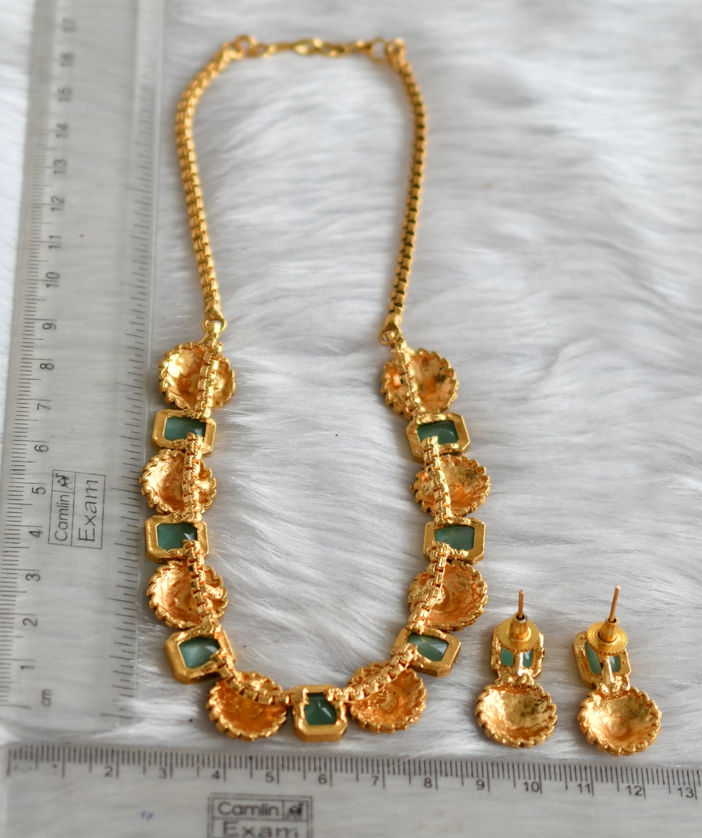 Antique gold tone flower sea green block stone necklace set dj-38666