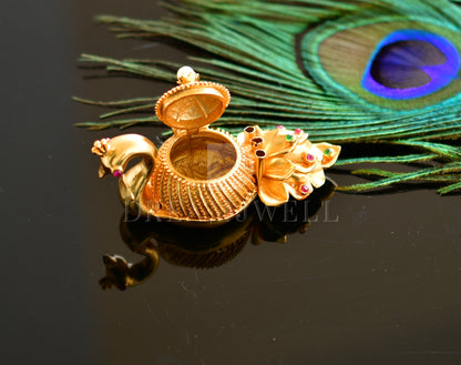 Gold tone ruby-emerald peacock dhoop stand and kumkum box dj-16262