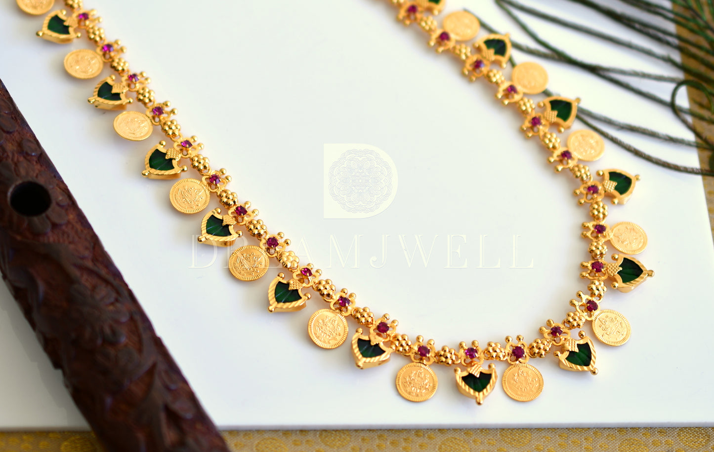 Gold tone palakka green Lakshmi coin haar dj-35500