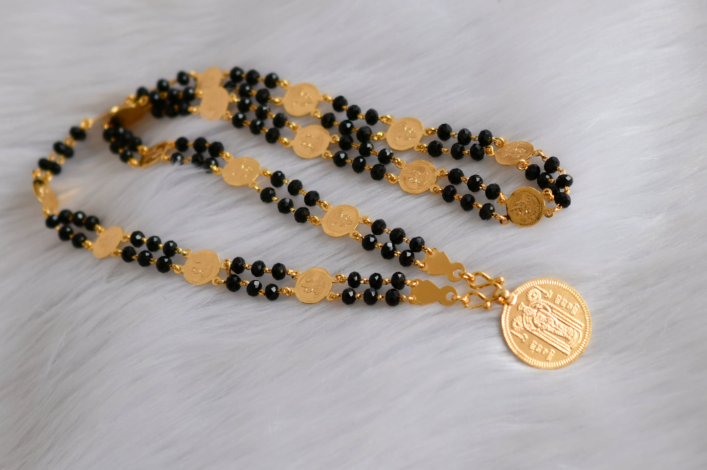 Gold tone black karimani beads Lakshmi coin Guruvayurappan Pendant with chain dj-39409