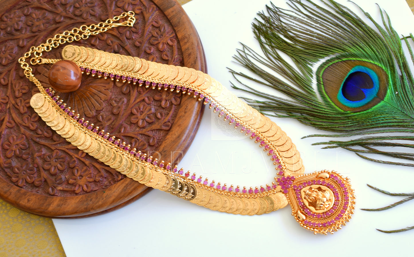 Gold tone ruby stone Lakshmi coin designer haar dj-35518
