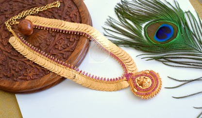 Gold tone ruby stone Lakshmi coin designer haar dj-35518