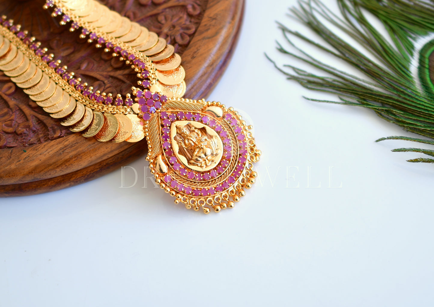 Gold tone ruby stone Lakshmi coin designer haar dj-35518