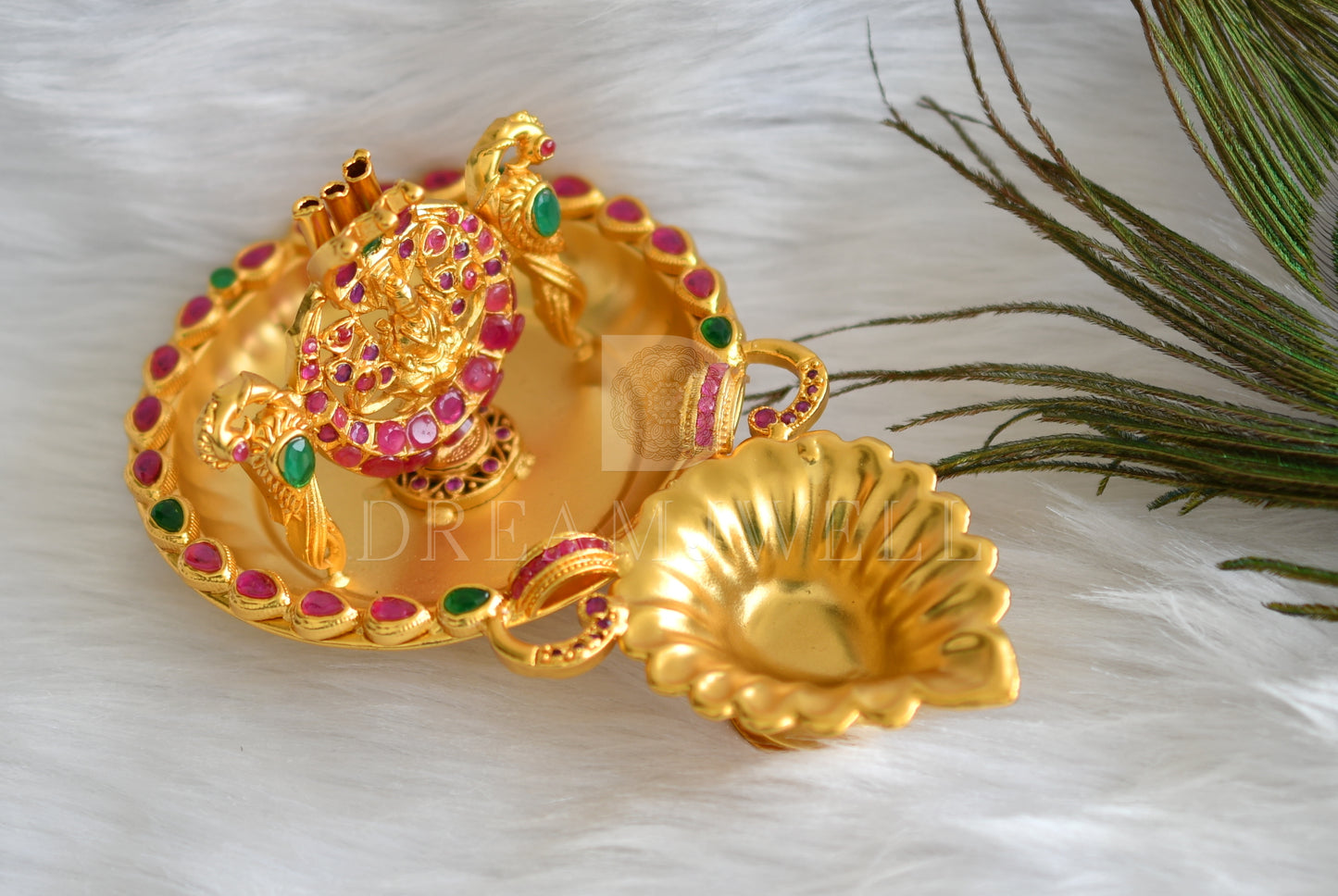 Gold tone ruby-emerald lakshmi deepa and doop stand dj-16256