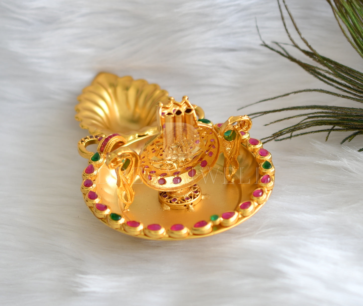 Gold tone ruby-emerald lakshmi deepa and doop stand dj-16256