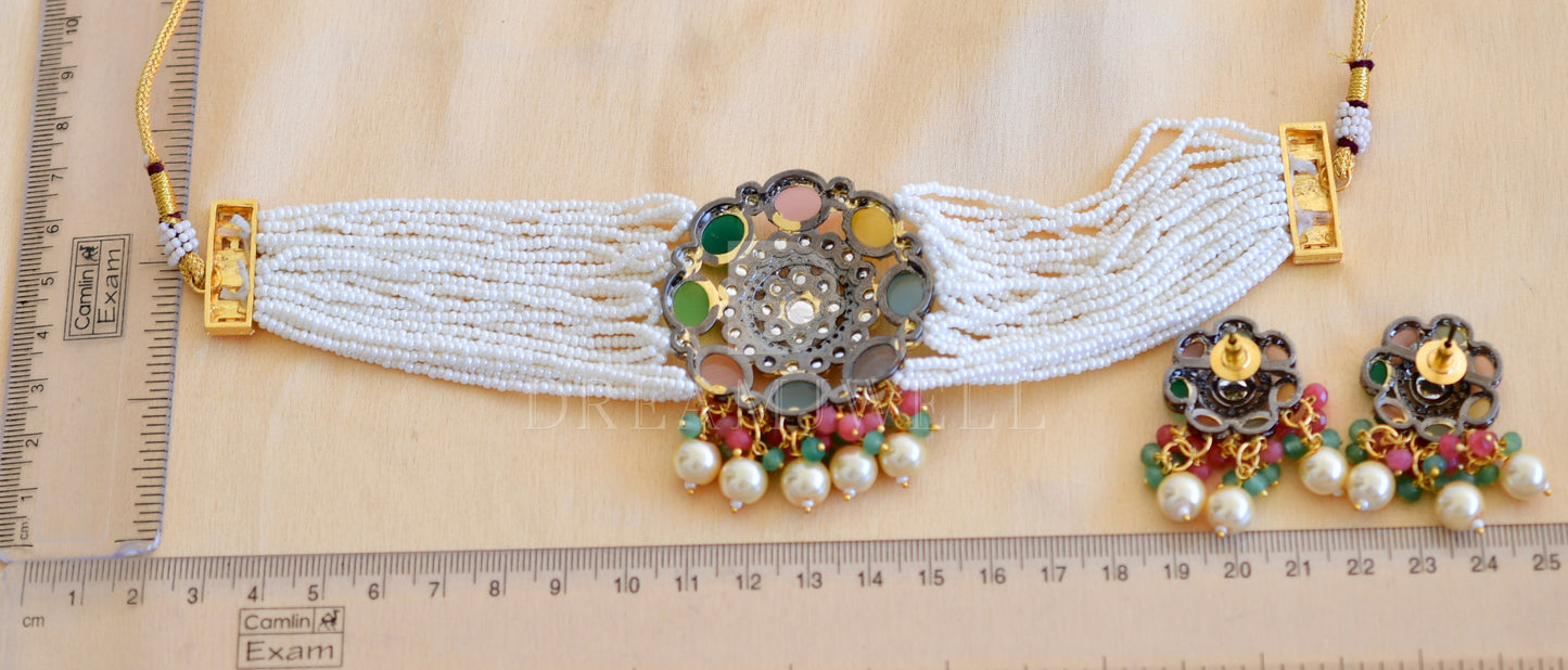 Two tone Multi color stone pearl designer choker necklace set dj-35519