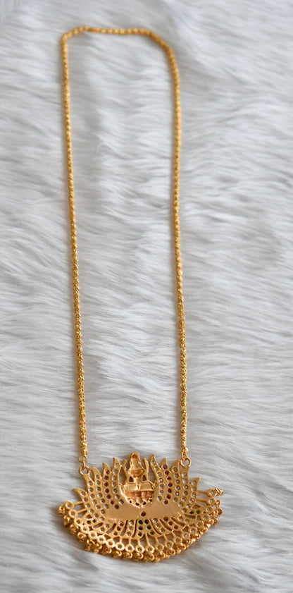Gold tone ruby-white-green stone Lakshmi Lotus pendant with chain dj-38640