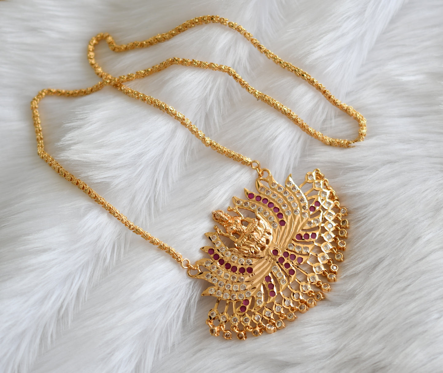 Gold tone ruby-white stone Lakshmi Lotus pendant with chain dj-38638