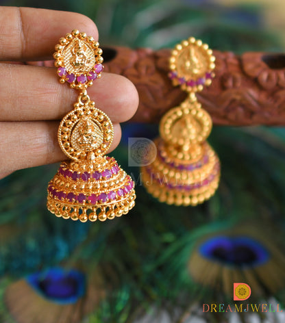 Gold tone AD pink stone Kerala style Lakshmi screw back long jhumkka dj-37031