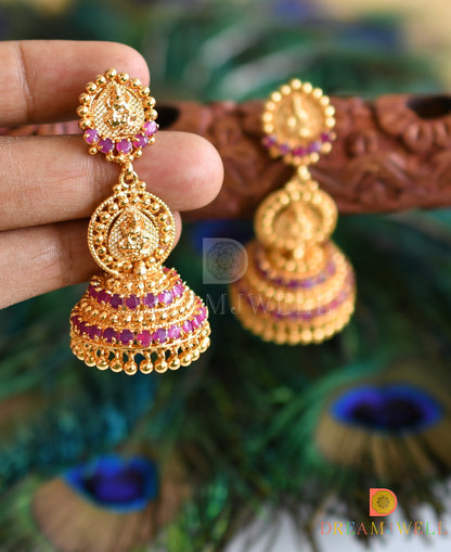 Gold tone AD pink stone Kerala style Lakshmi screw back long jhumkka dj-37031