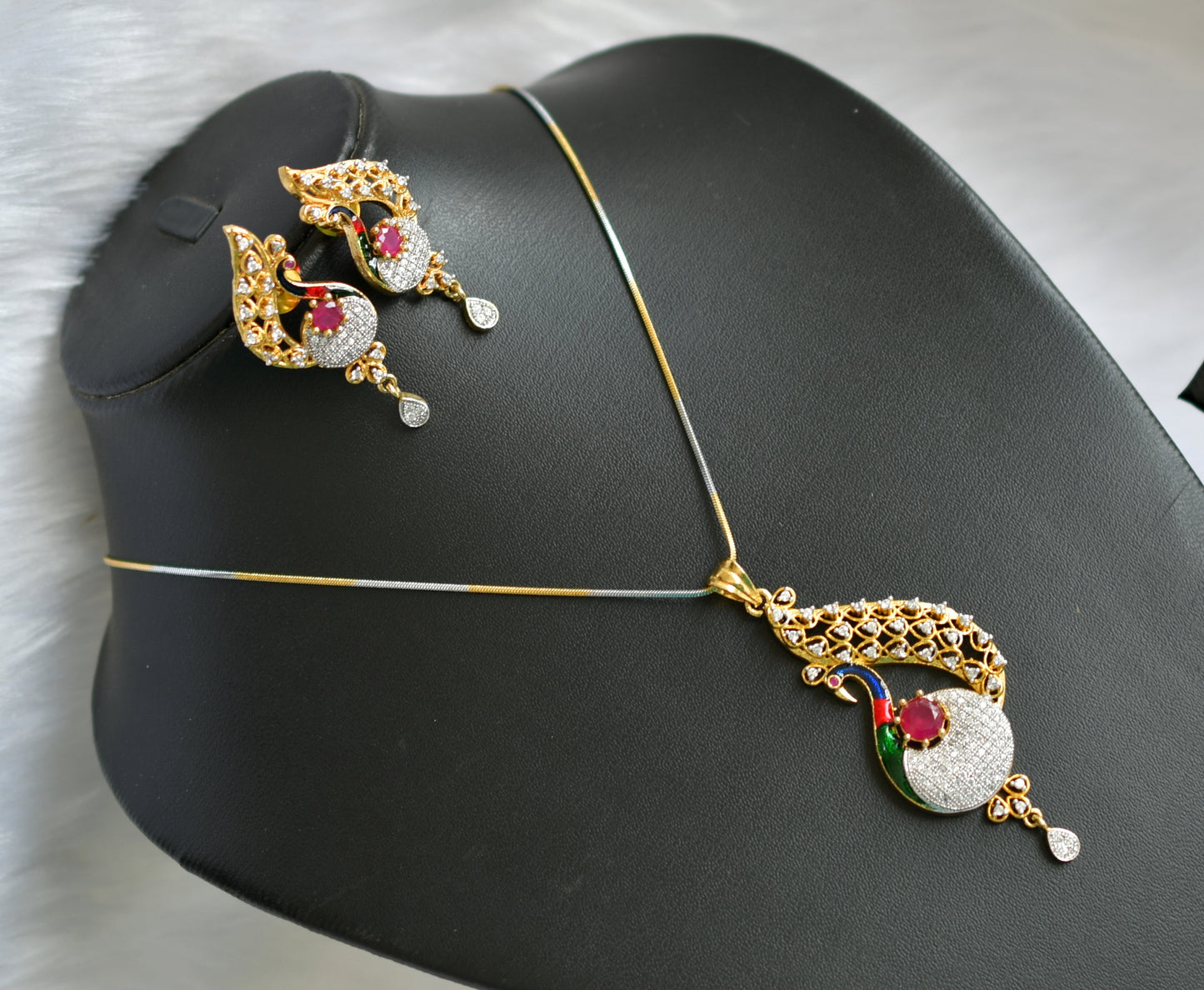 Dual tone cz-ruby meenakari peacock pendant necklace set dj-07212