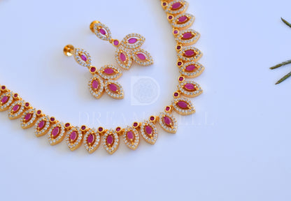 Gold tone ruby-white designer necklace set dj-35522