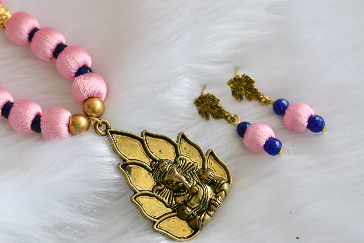 Antique gold tone pink-blue silk thread Ganesha necklace set dj-11418