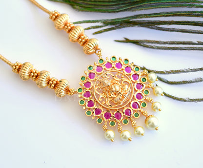 Gold tone kemp green lakshmi necklace with pearl hanging dj-34578