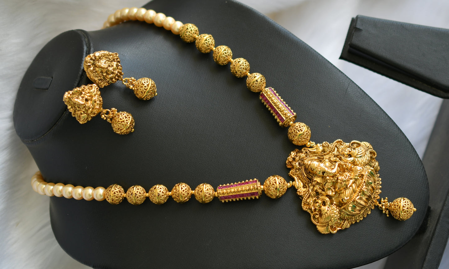 Antique gold tone ruby pearl Ganesha necklace set dj-05670