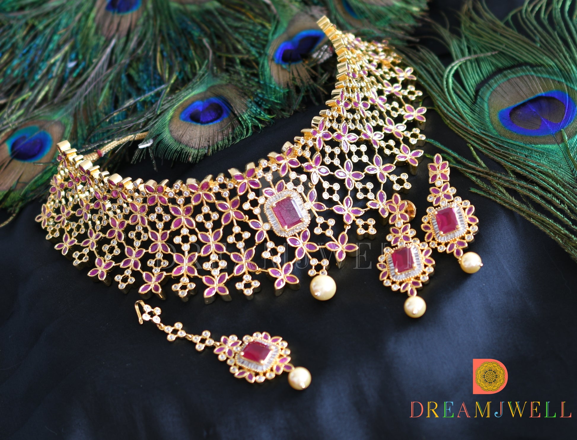 DREAMJWELL Gorgeous Gold Plated Cz -ruby Bridal Choker Necklace