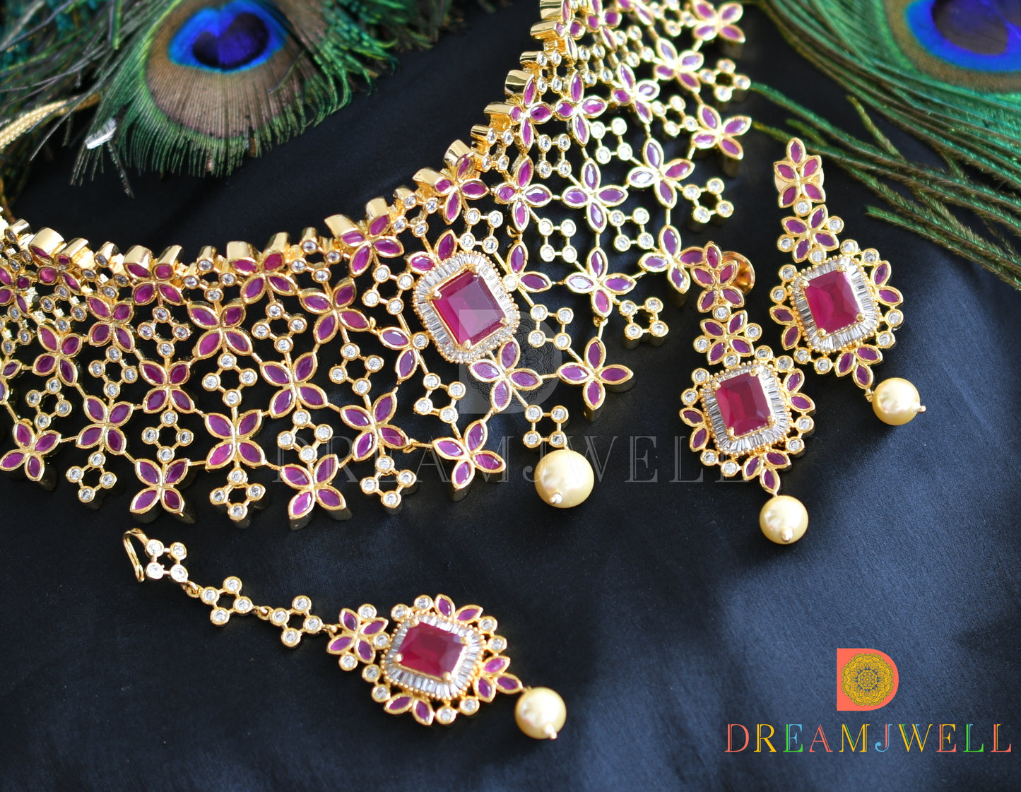 Gold tone cz ruby bridal choker necklace set dj-14734