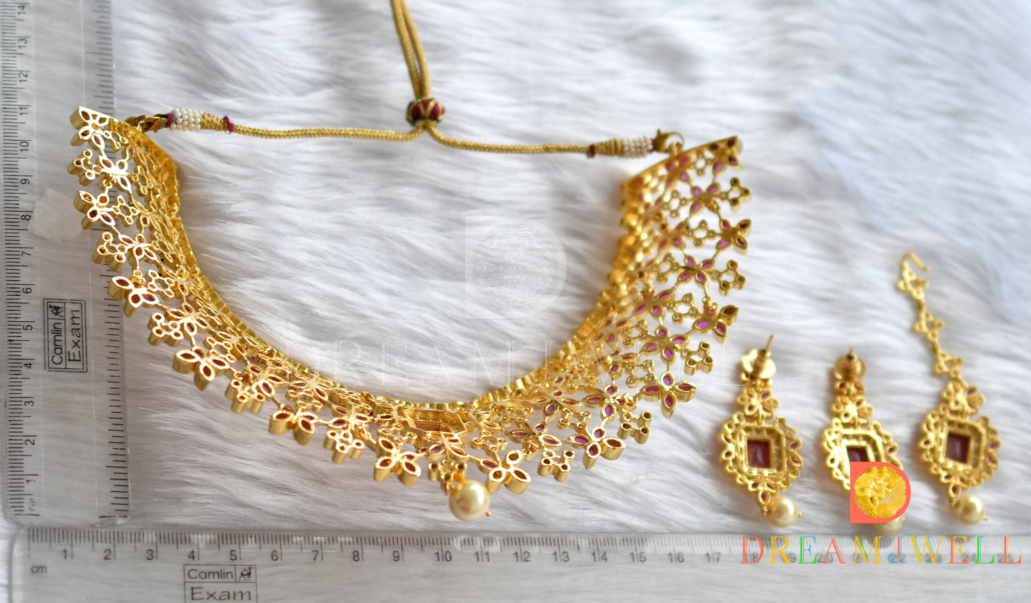 Gold tone cz ruby bridal choker necklace set dj-14734