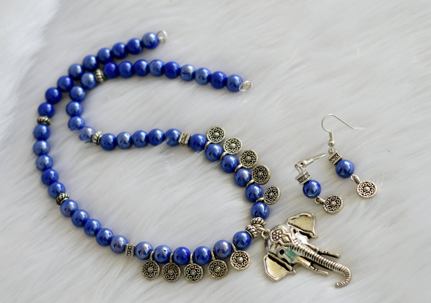 Silver tone blue beaded Ganesha necklace set dj-11423