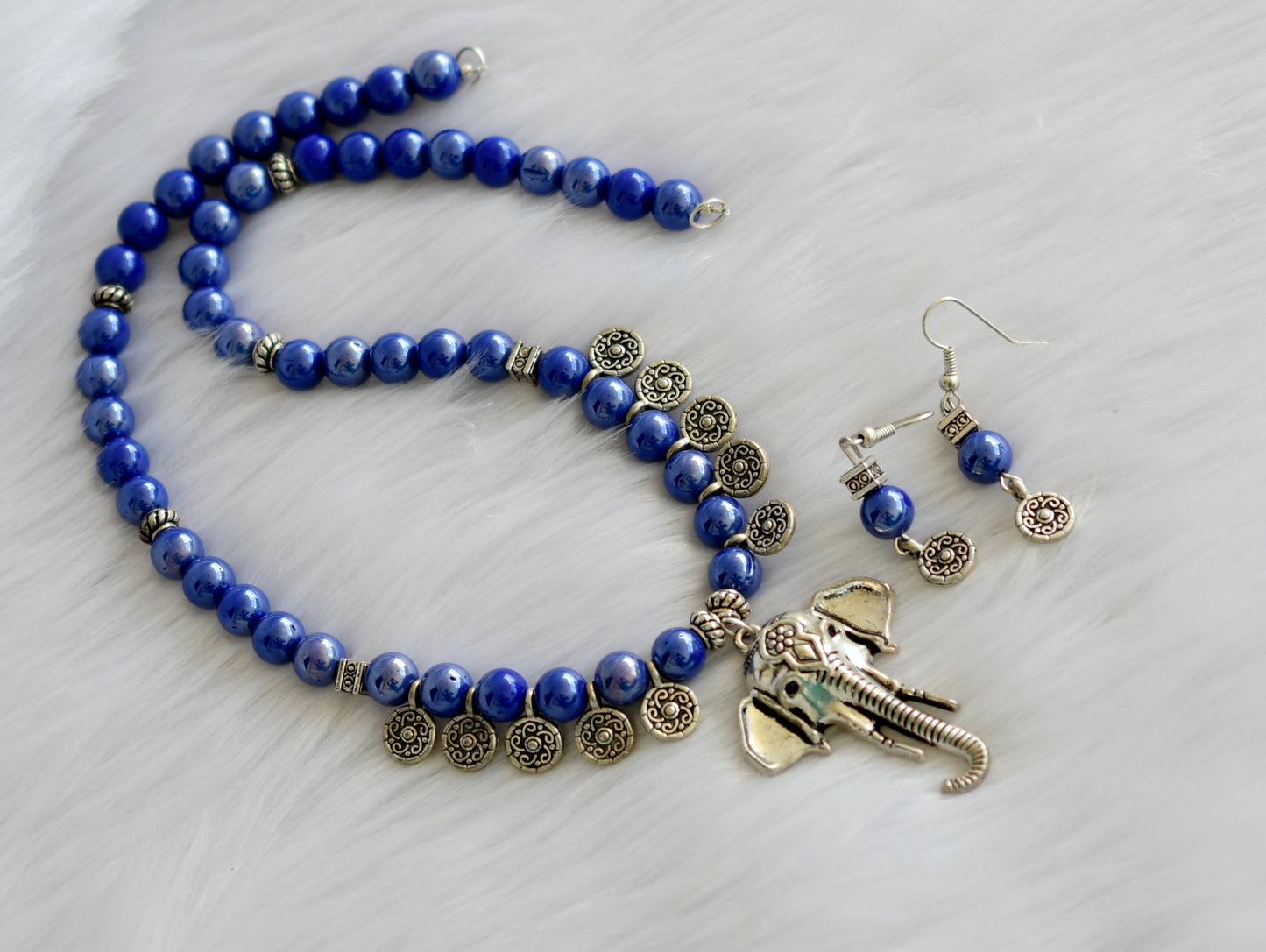 Silver tone blue beaded Ganesha necklace set dj-11423