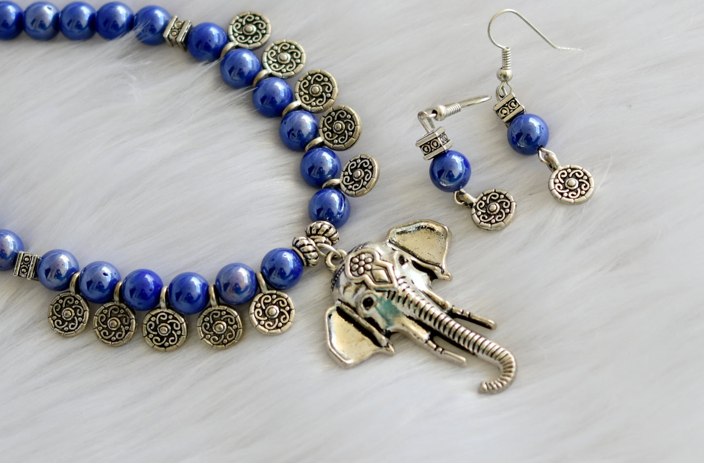 Silver tone blue beaded Ganesha necklace set dj-11423