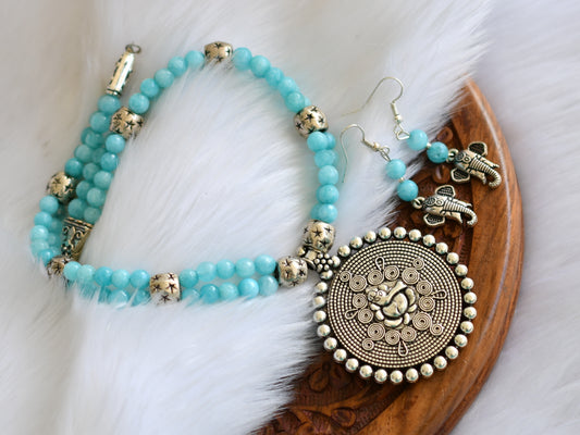 Silver tone turquoise blue bead Ganesh necklace set dj-10948