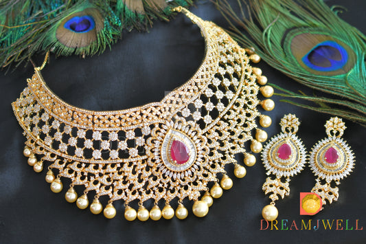 Gold tone cz-ruby bridal royal choker necklace set dj-03725