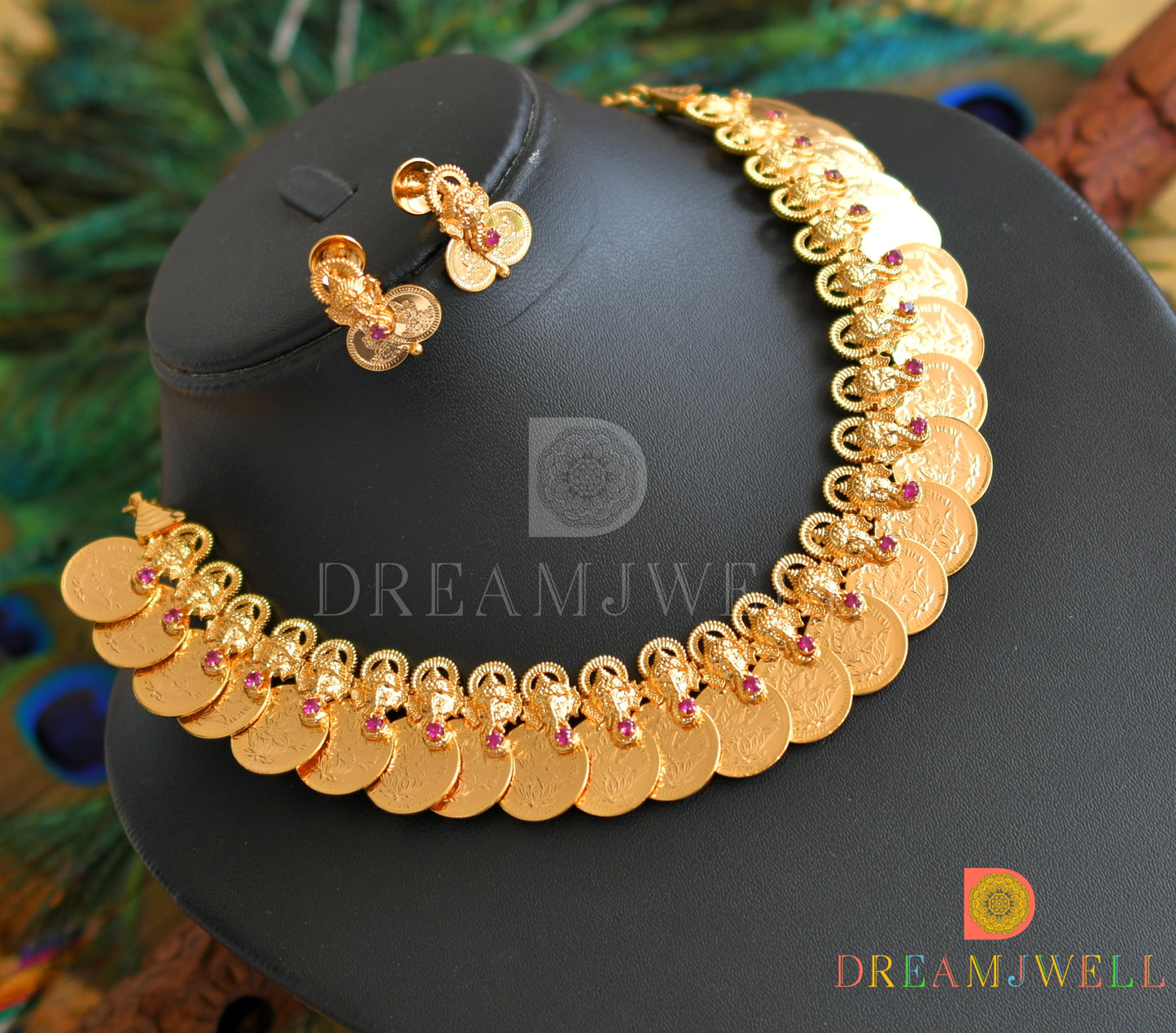Gold tone pink stone Ganesha-Lakshmi coin necklace set dj-37046