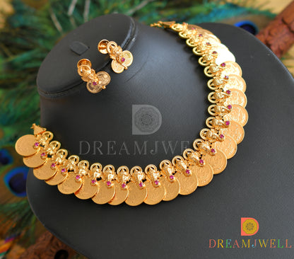 Gold tone pink stone Ganesha-Lakshmi coin necklace set dj-37046