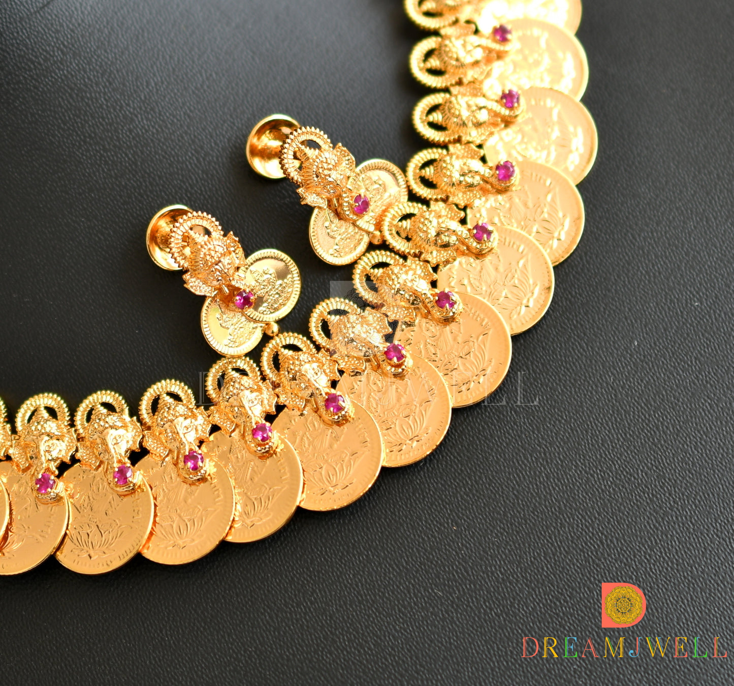 Gold tone pink stone Ganesha-Lakshmi coin necklace set dj-37046