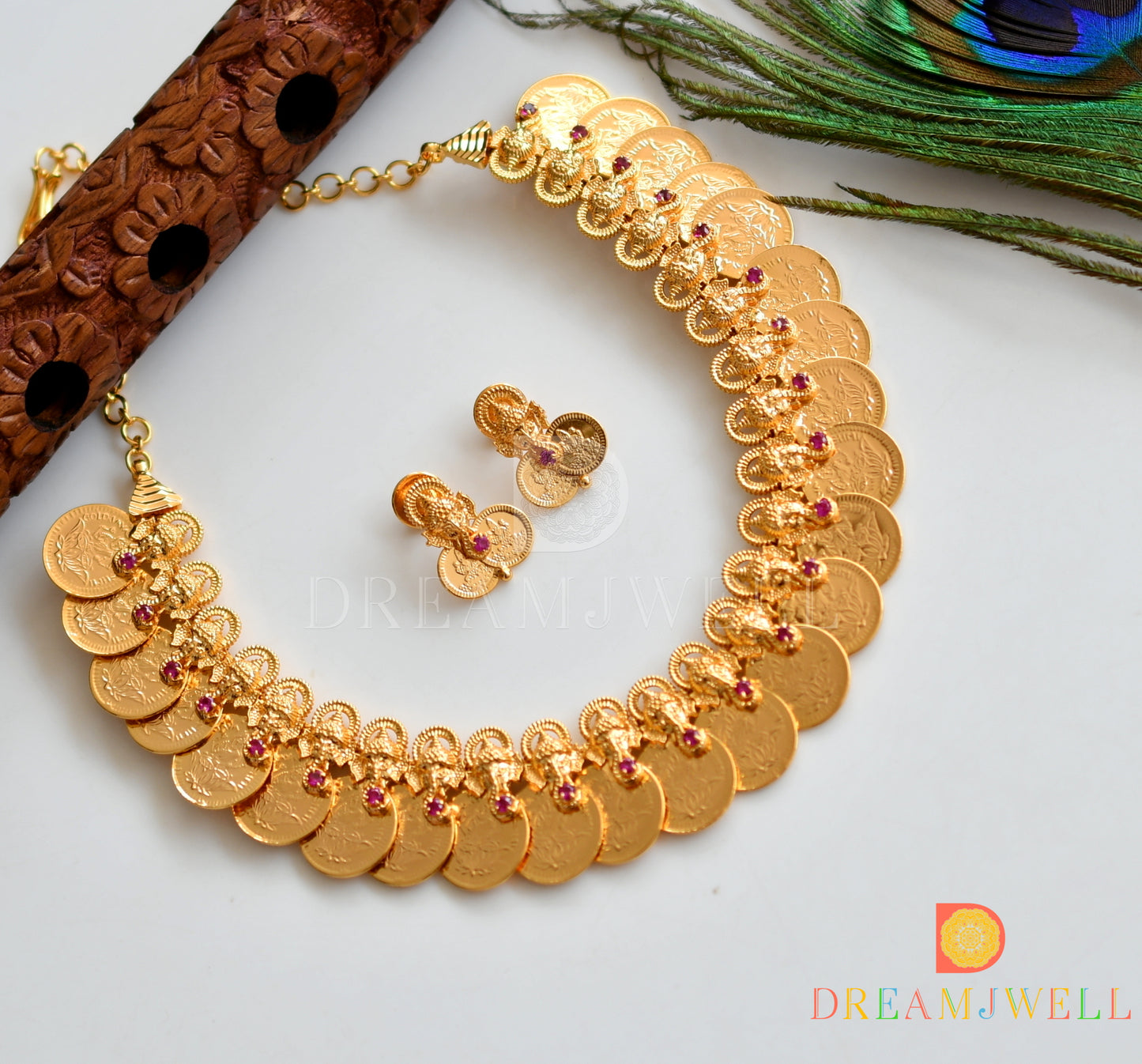 Gold tone pink stone Ganesha-Lakshmi coin necklace set dj-37046