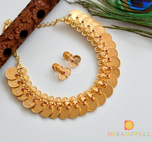Gold tone pink stone Ganesha-Lakshmi coin necklace set dj-37046