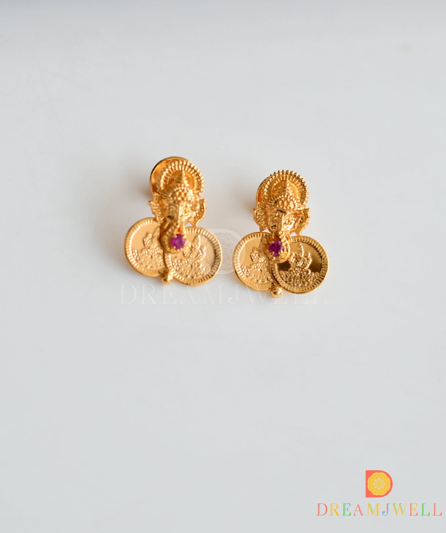 Gold tone pink stone Ganesha-Lakshmi coin necklace set dj-37046
