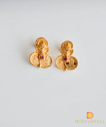 Gold tone pink stone Ganesha-Lakshmi coin necklace set dj-37046