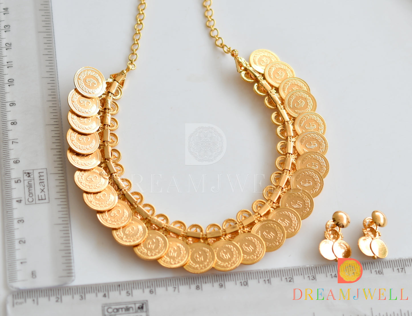 Gold tone pink stone Ganesha-Lakshmi coin necklace set dj-37046