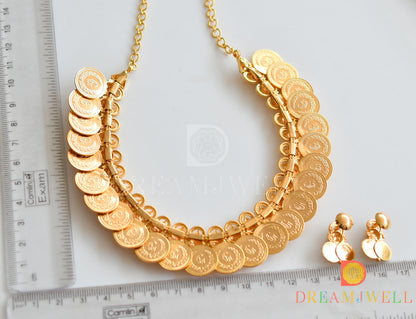 Gold tone pink stone Ganesha-Lakshmi coin necklace set dj-37046