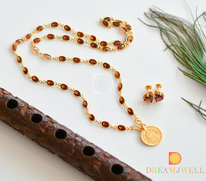 Gold tone Brown stone chain with Lakshmi coin pendant set dj-36326