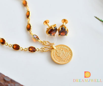 Gold tone Brown stone chain with Lakshmi coin pendant set dj-36326