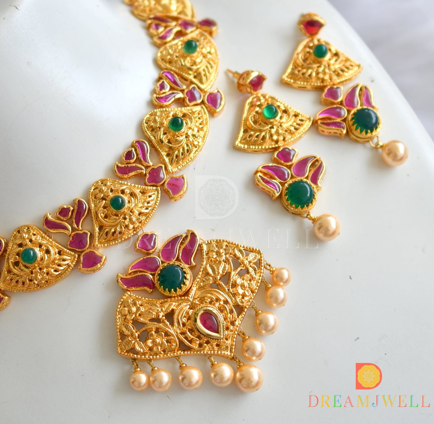 Gold replica real uncut ruby-emerald necklace set dj-07915