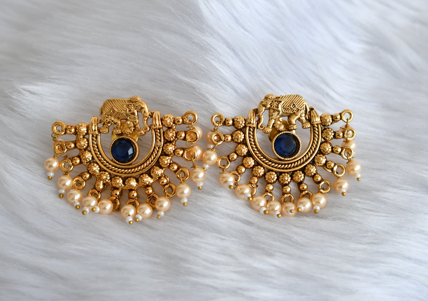 Antique gold pearl Elephant round blue stone necklace set dj-38699