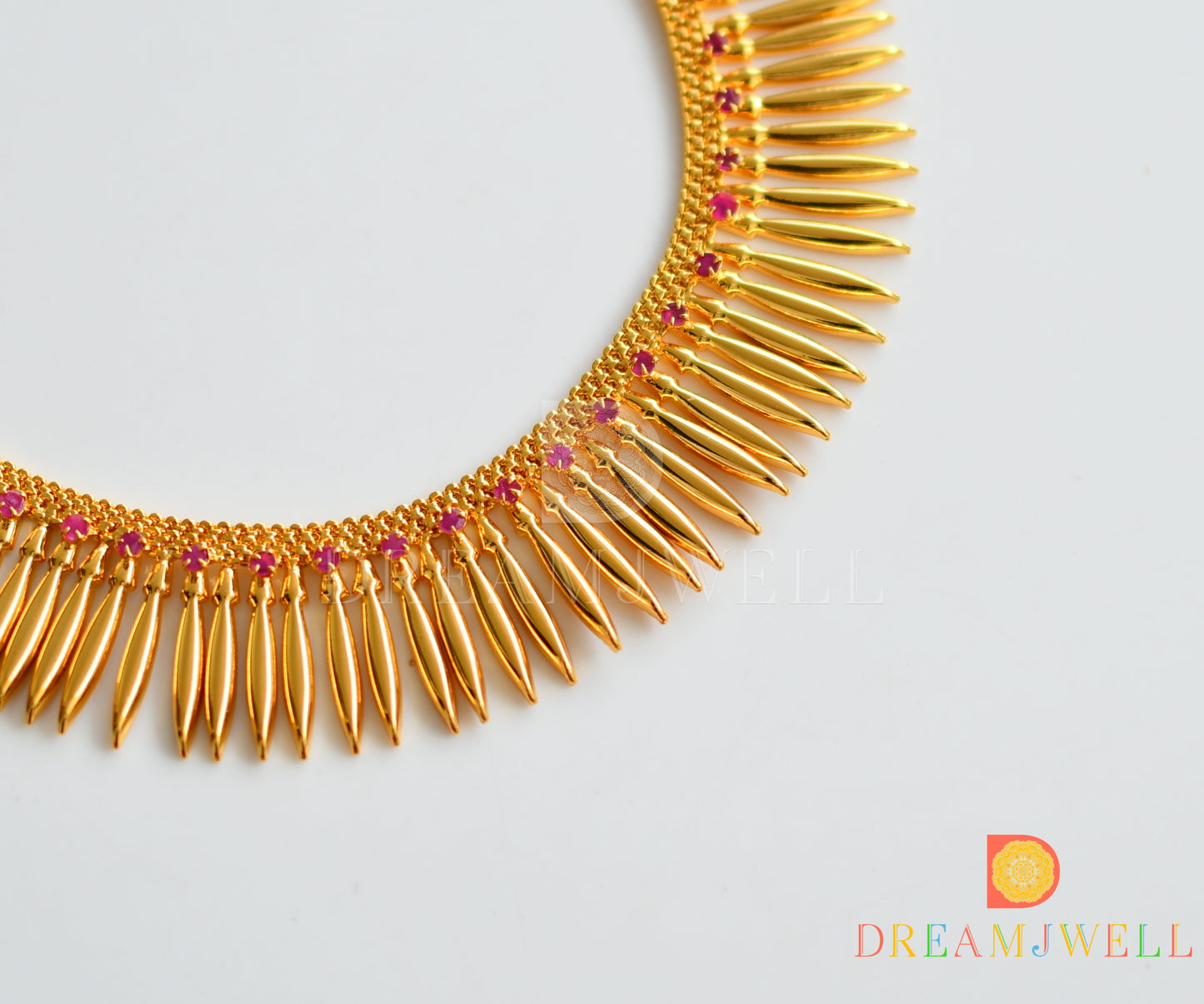 Gold tone pink stone mulla mottu Kerala style necklace dj-37045